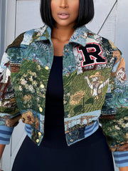 Vintage Print Cropped Varsity Jacket