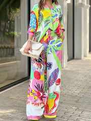 Print Loose Shirt Wide Leg Pants Casual Set