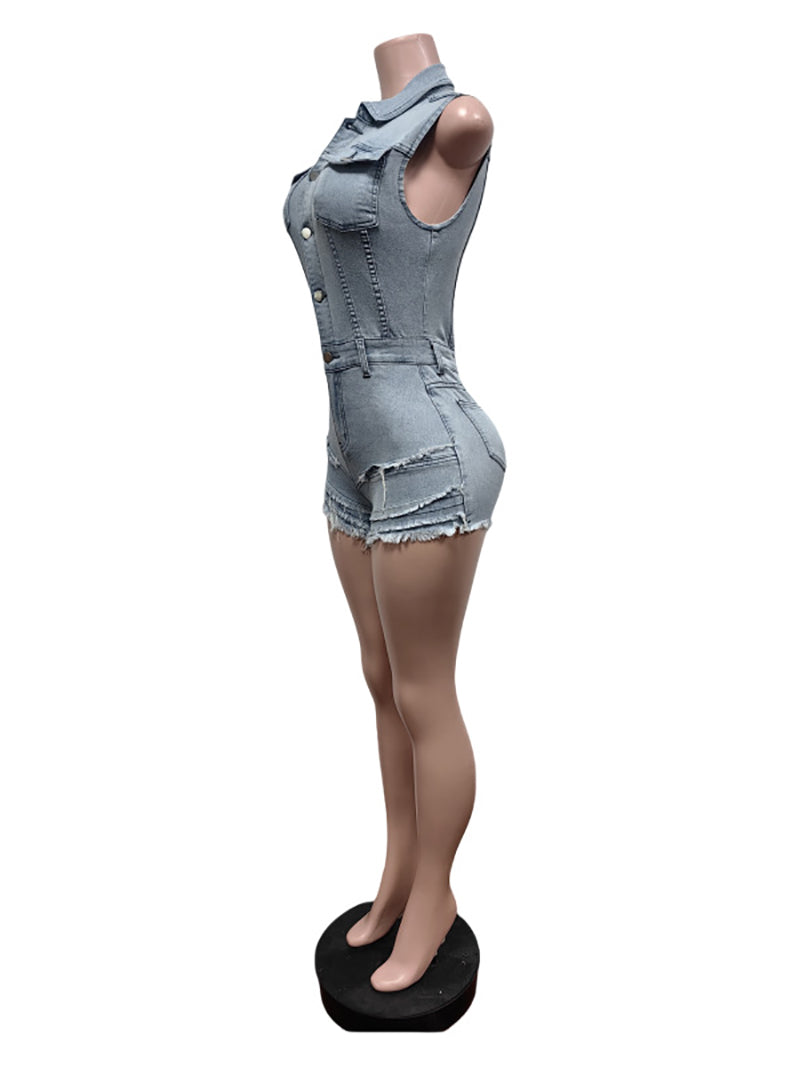 Casual Stretch Sleeveless Denim Cargo Romper