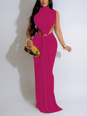 Elegance Sleeveless Ruched Side Slit Maxi Dress