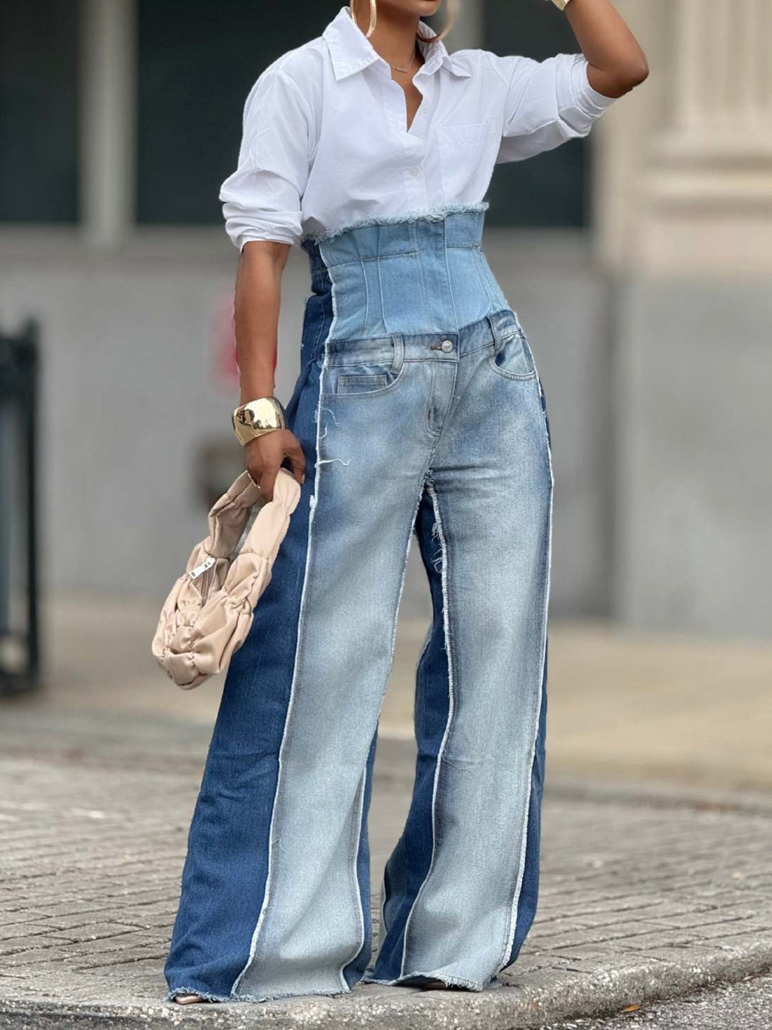 Fashion Patchwork High Waist Wide Leg Baggy Jeans