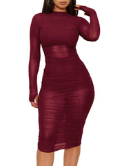 Sexy Sheer Mesh Ruched Bodycon Dress 3 Piece Sets