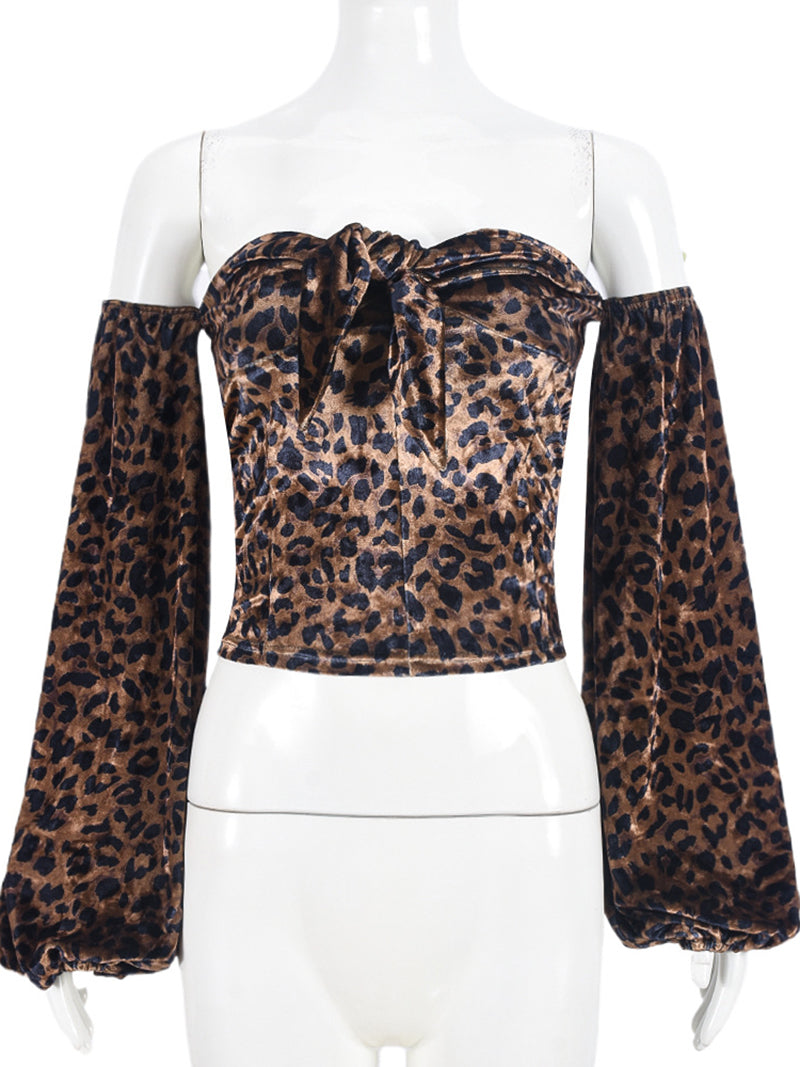 Leopard Print Lantern Sleeve Strapless Crop Top