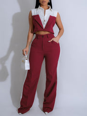 Casual Sleeveless Crop Vest Straight Pants Two Piece Set