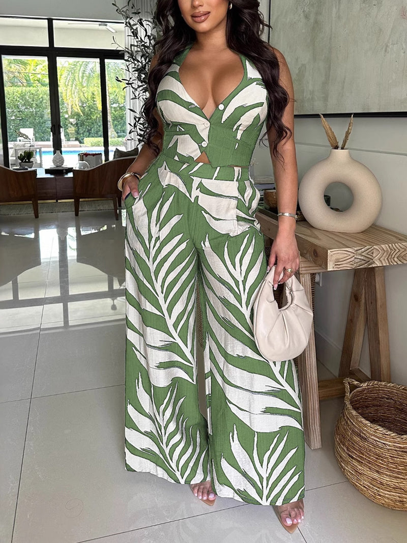Casual Print Halter Lace-up Top Wide Leg Pants Set