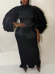 Plus Size Pleated Lantern Sleeve Slim Maxi Dress