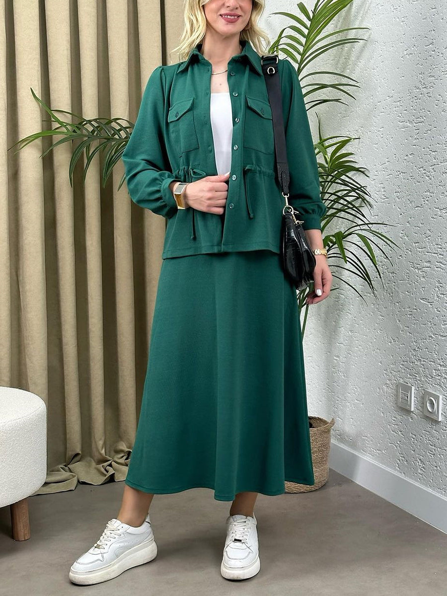 Solid Color Shirt Long Skirt Casual Set