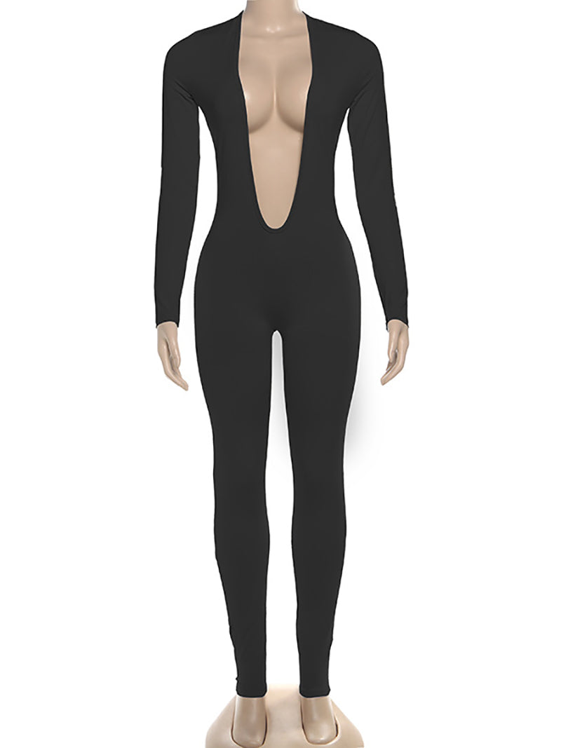 Sexy Plain Deep V Backless Tight Jumpsuit
