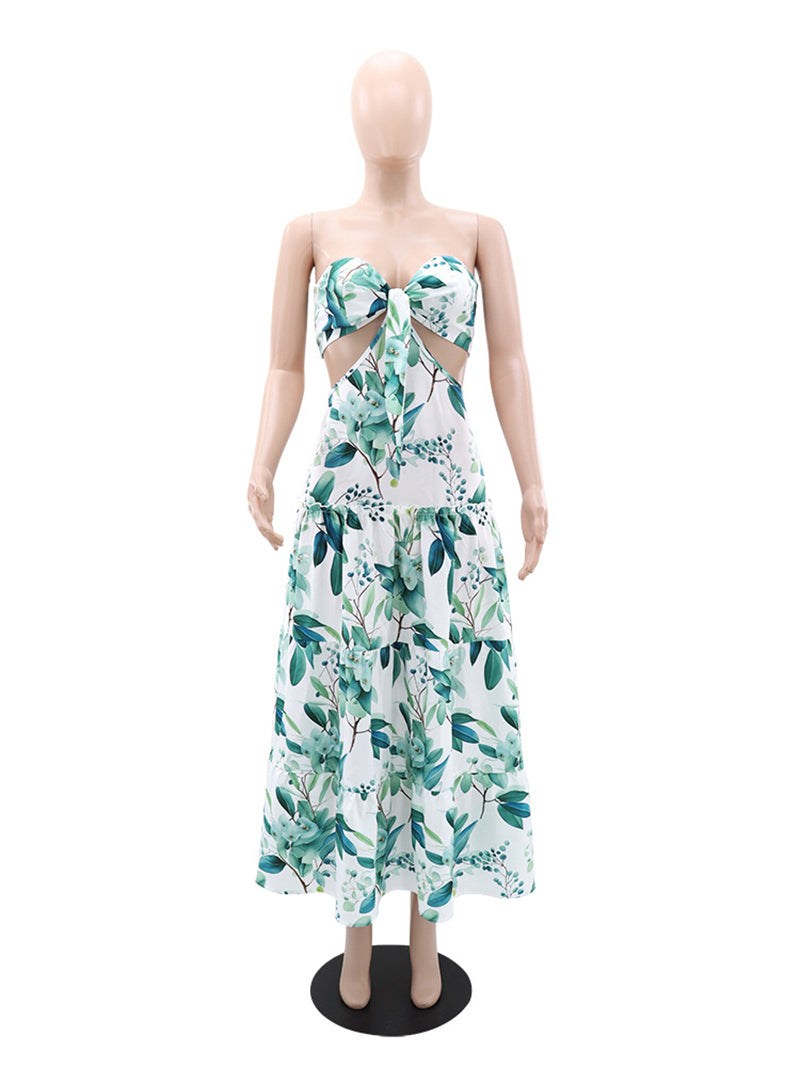 Fashion Print Hollow Out Strapless Dress