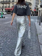 High Waist Metal Color Wide leg Trousers