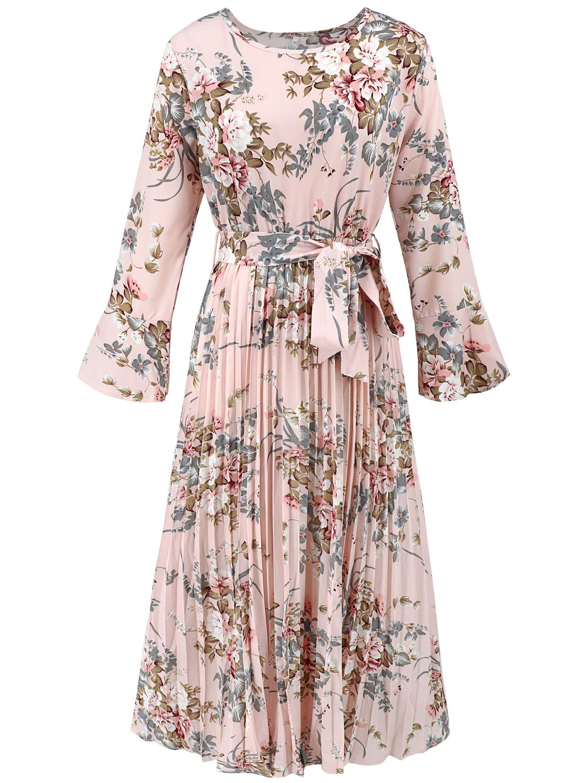 Floral Print Flounce Sleeve Pleated Hem Belted Dress