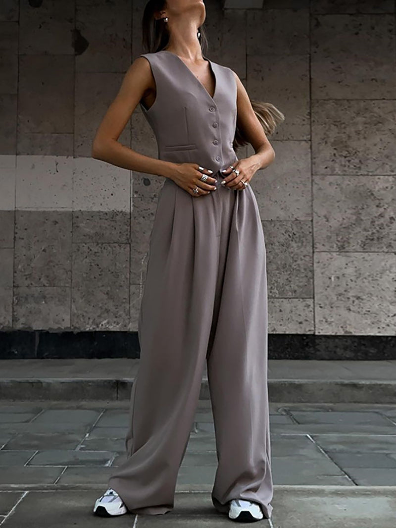 Sleeveless Waistcoat Wide Leg Suit Pants Set