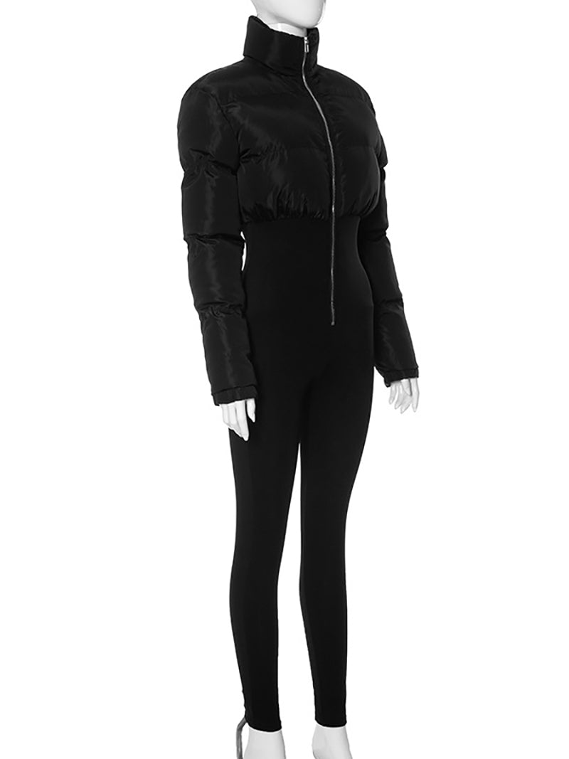 Sexy Warm Cotton Jacket Patchwork Tight Jumpsuit