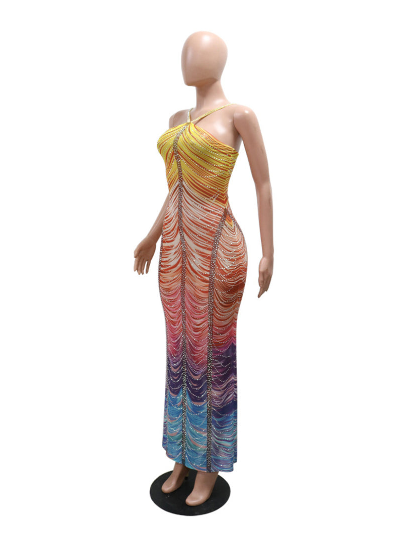 Gradient Color Print Rhinestones Sleeveless Maxi Dress