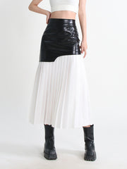 High Waist Pu Leather Patchwork Mesh Pleated Skirt