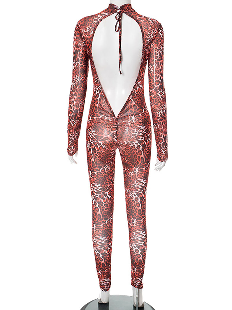 Sexy Leopard Print Mesh Backless Tight Jumpsuit