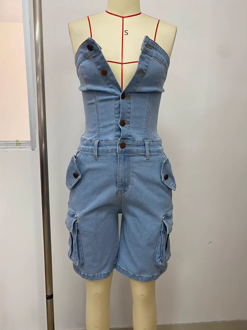Sexy Strapless Denim Cargo Romper