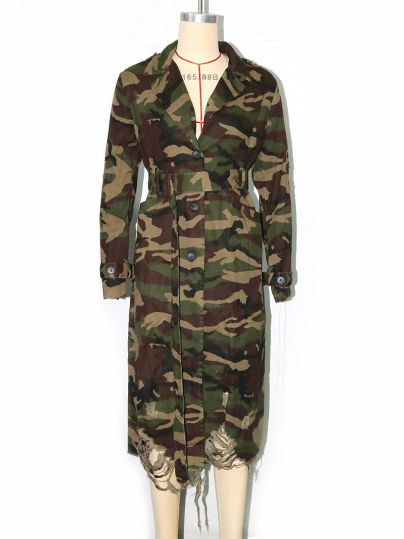 Fashion Casual Camo Ripped Trench Coat