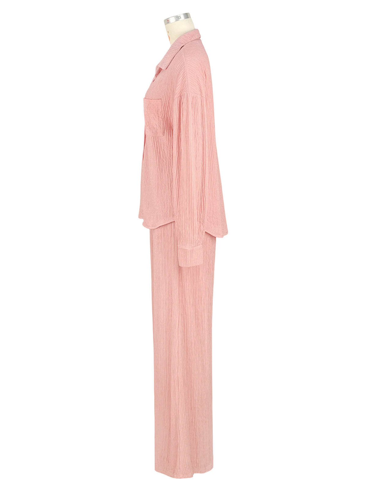 Button Front Lettuce Trim Shirt Wide Leg Pants Sets