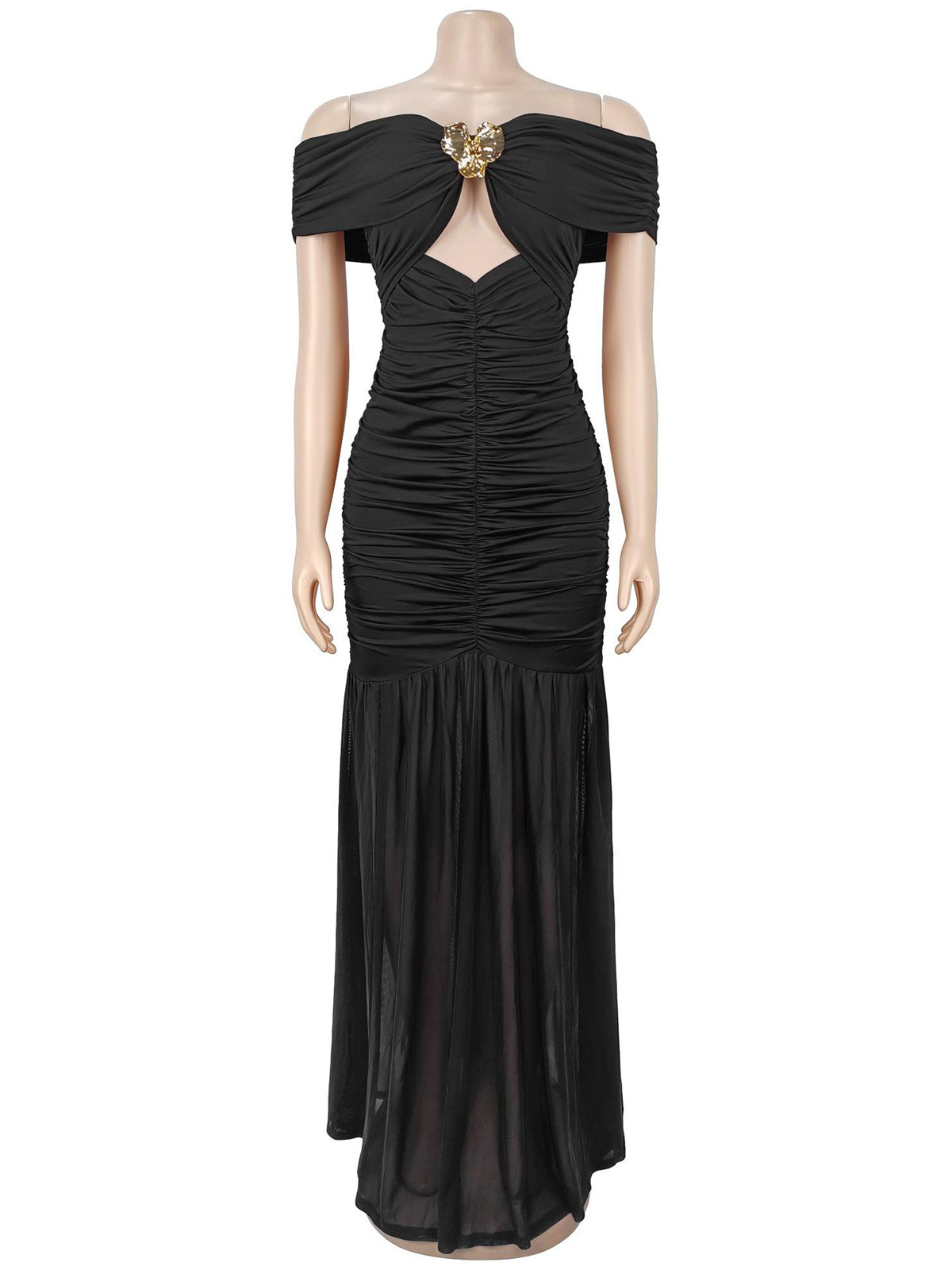 Sexy Off The Shoulder Broach Ruched Mesh Maxi Dress