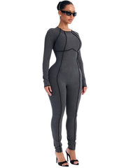 Contrast Seam Long Sleeve Fitted Jumpsuit