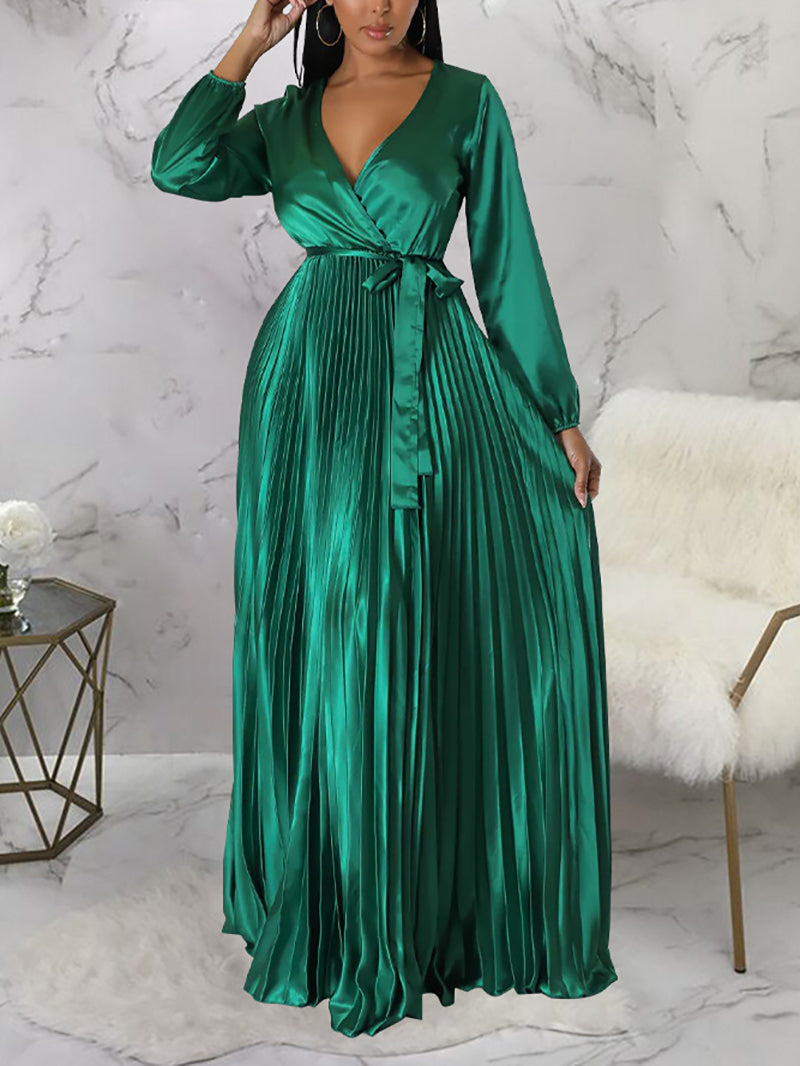 V Neck Cocktail Party Maxi Pleated Dress