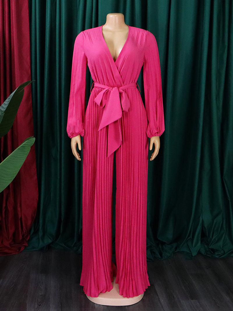 Elegant V Neck Pleated Wide Leg Jumpsuit
