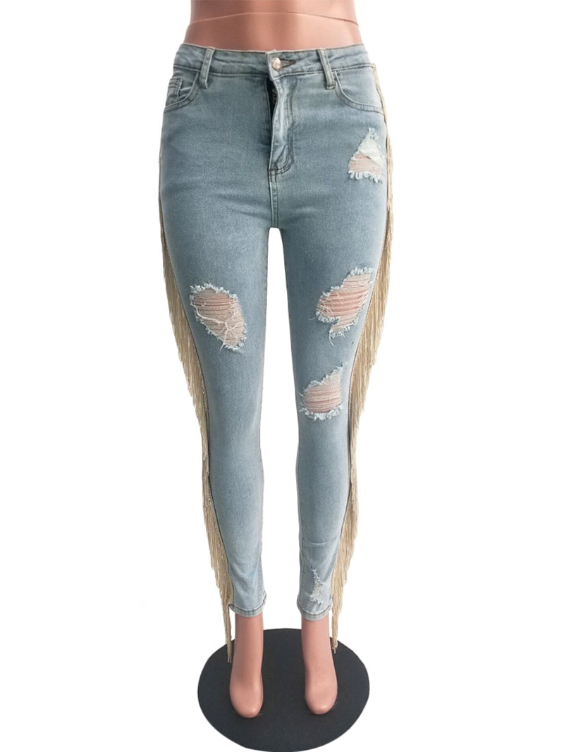 Casual High Waist Ripped Tassel Jeans Pencil Pants