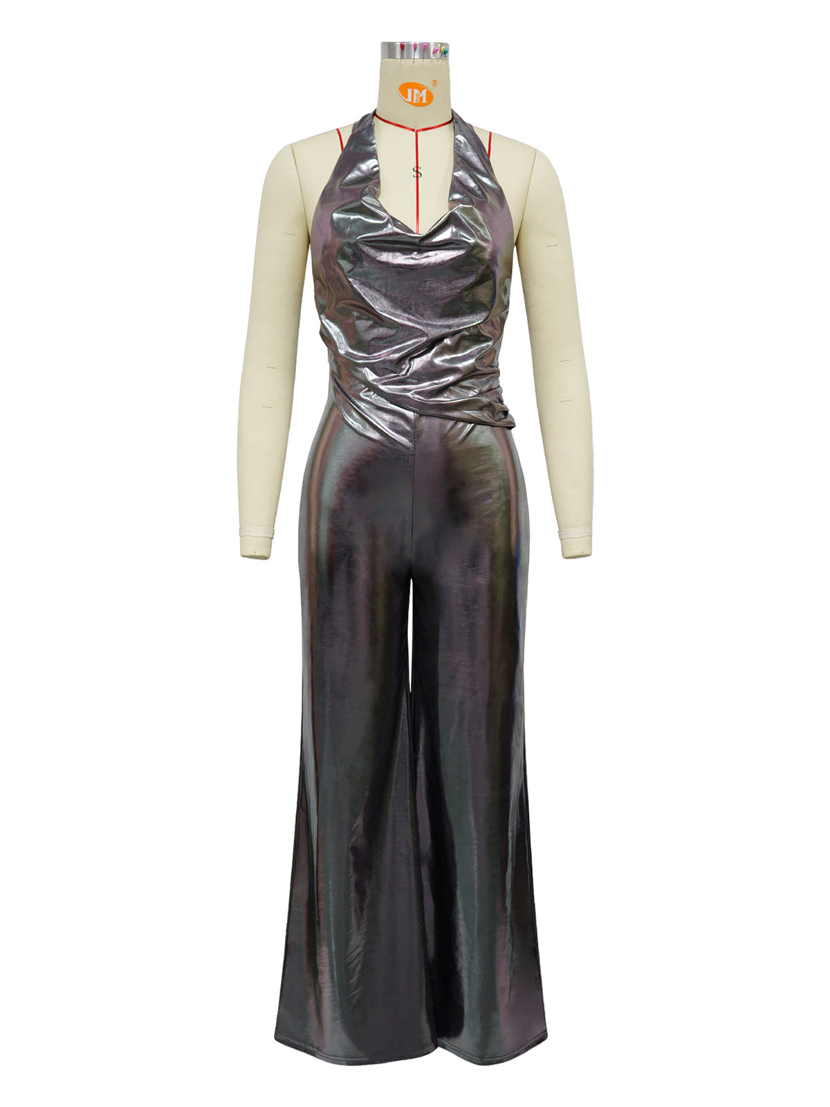 Sexy V-Neck Halter Metallic Color Wide Leg Jumpsuit