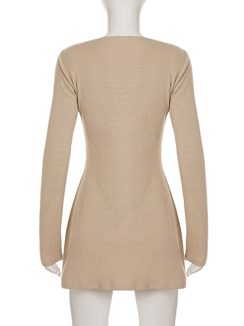 Fashion V Neck Button Down Ribbed Knit Mini Dress