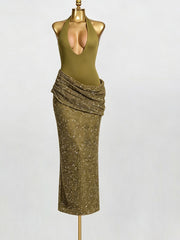 Sequin Halter Backless Evening Dress-boutique