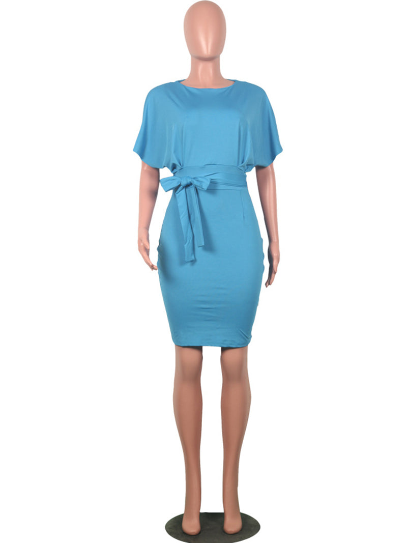 Solid Color Short Sleeve O Neck Belt Bodycon Dress