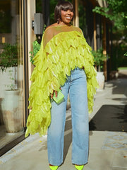 One Shoulder Tiered Ruffle Mesh Cape Top