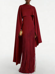 Elegant Solid Slim Tassel Maxi Dress With Cape