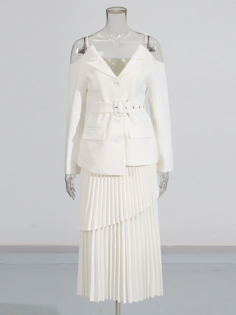 Elegant Off-shoulder Blazer and Pleated Skirt Set