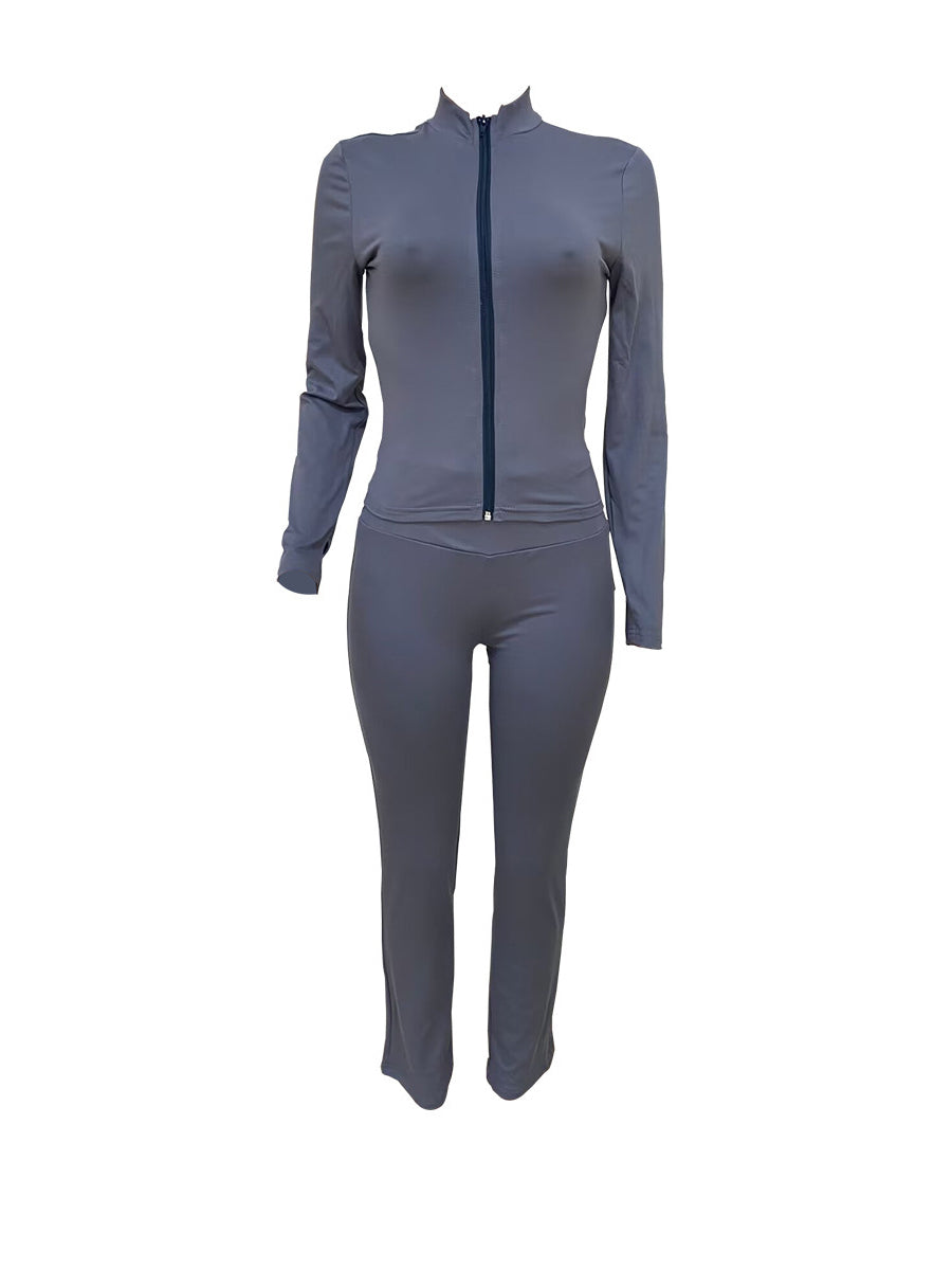 Casual Zip Up Top Slim Flared Leggings Sets