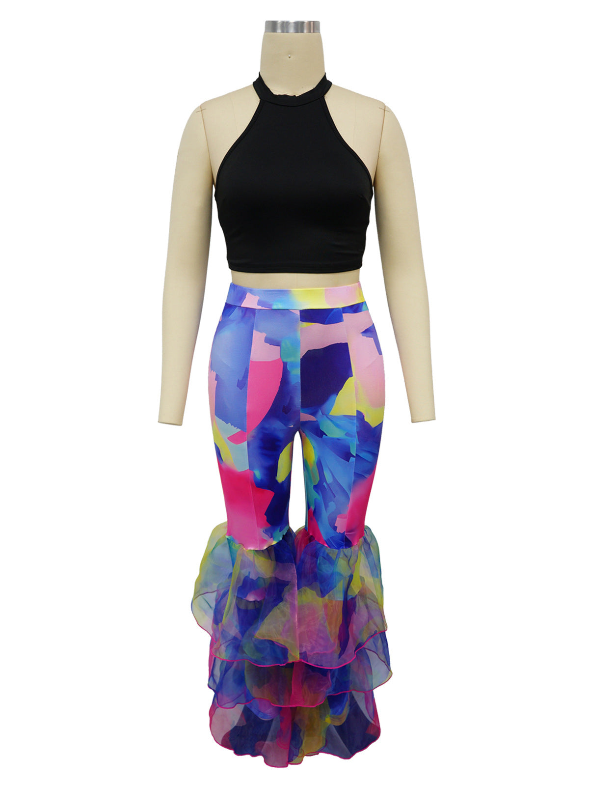 Tie-dye Print Bell Bottom Pants Ruffled Trousers