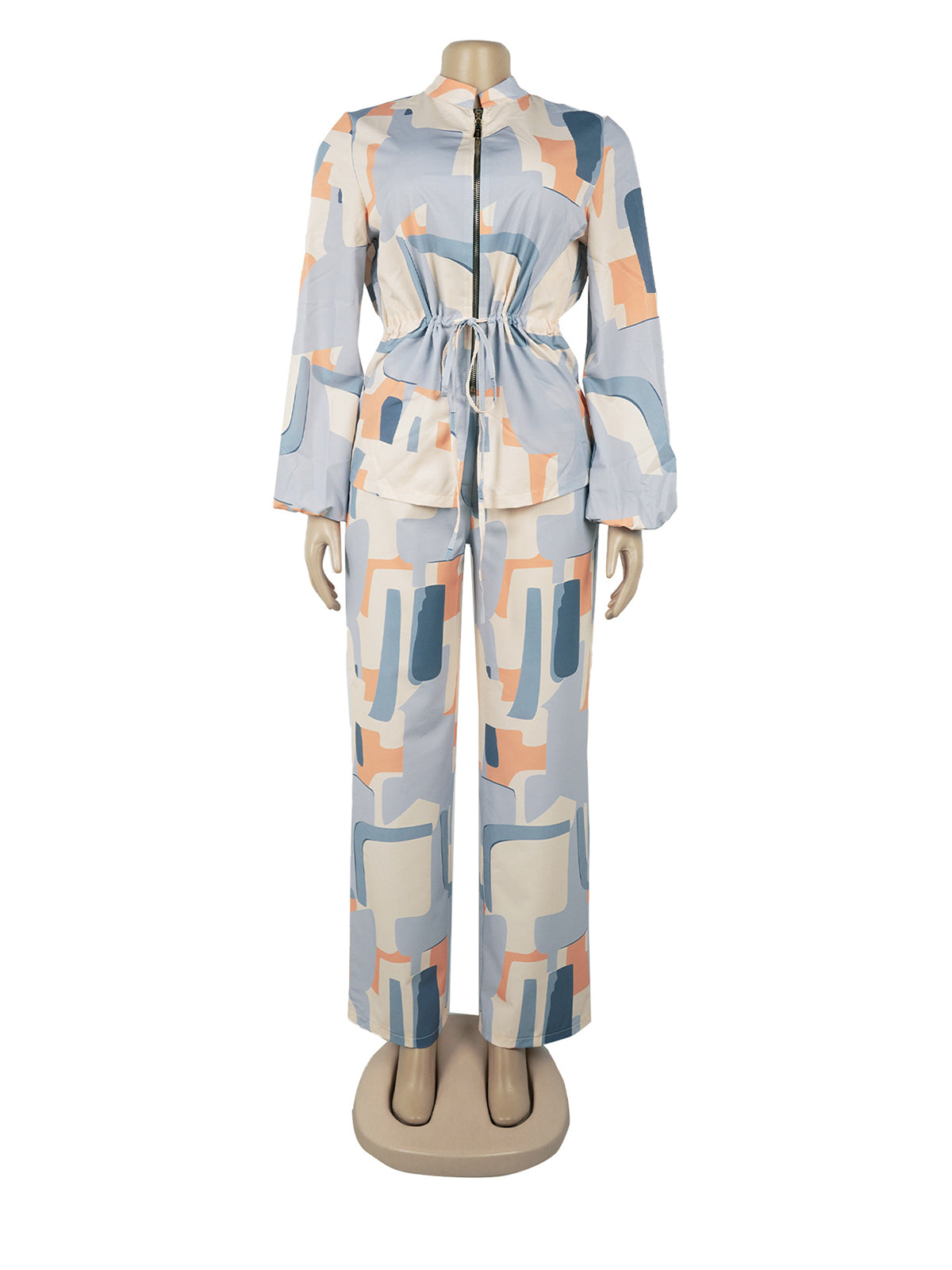 Print Cinched Waist Top Casual Pants Two Piece Set
