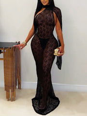 Sheer Lace Cape Mermaid Maxi Dress