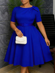 Elegant Short Sleeve Cinched Waist A-Line Dress