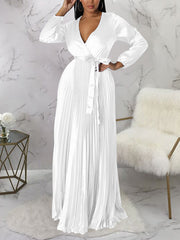 V Neck Cocktail Party Maxi Pleated Dress