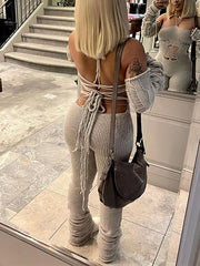 Ripped Cut Out Halter Neck Backless Knit Jumpsuit