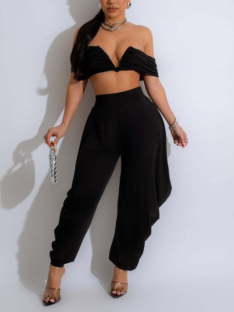 Off Shoulder Deep V Loose Trousers Set