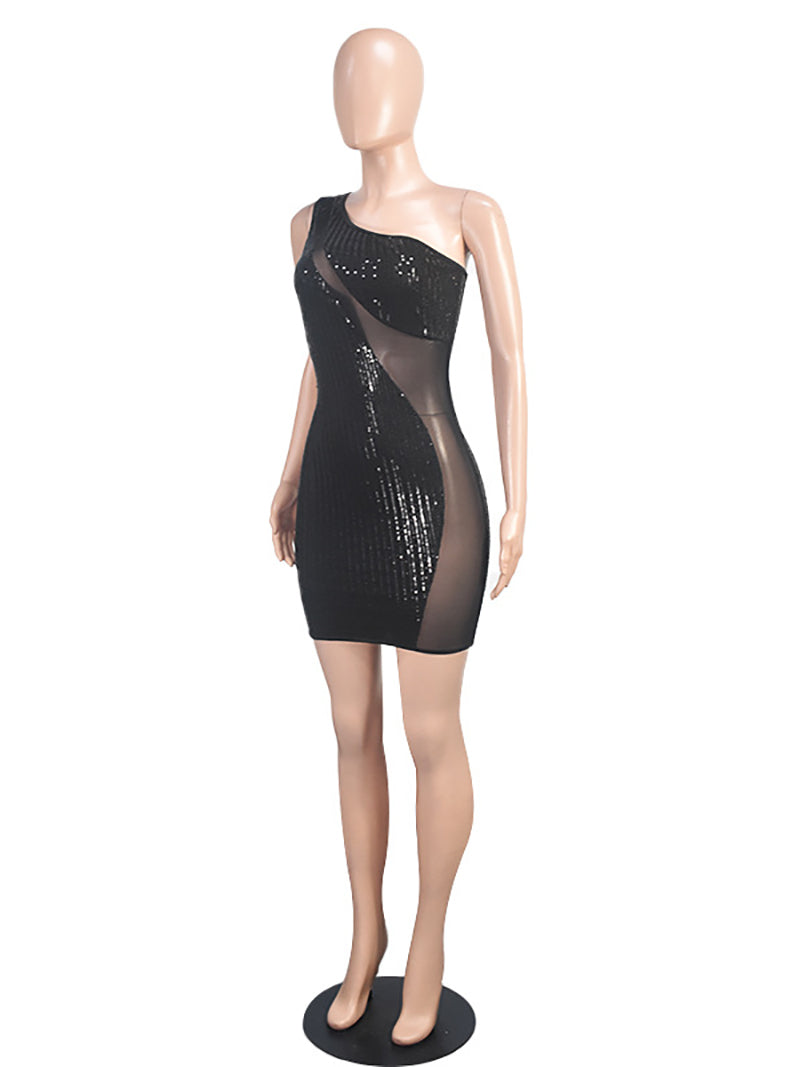 Slash Shoulder Sequin Mesh Sexy Nightclub Dress