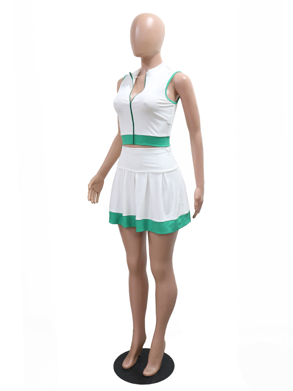 Stretch Ribbed Zip Crop Top And Tenni Skirt 2 Piece Set