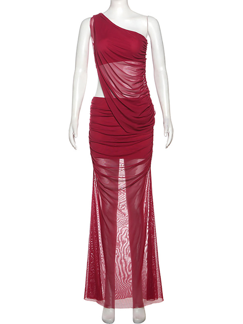 Sexy Sheer Mesh Skew Collar Crop Top Long Skirt Set