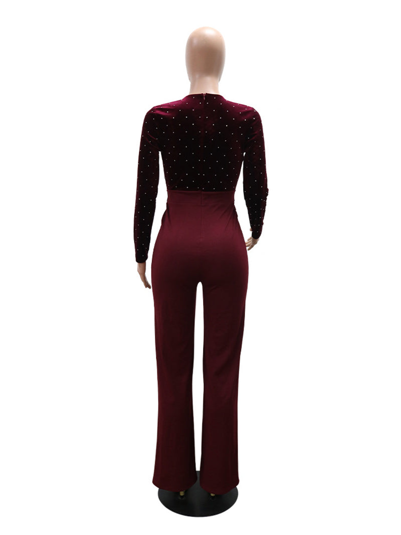 Sexy Rhinestones V Neck Velvet Jumpsuit