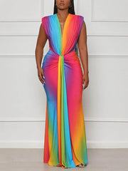 Fashion Print Gradient Color Deep V Sleeveless Dress