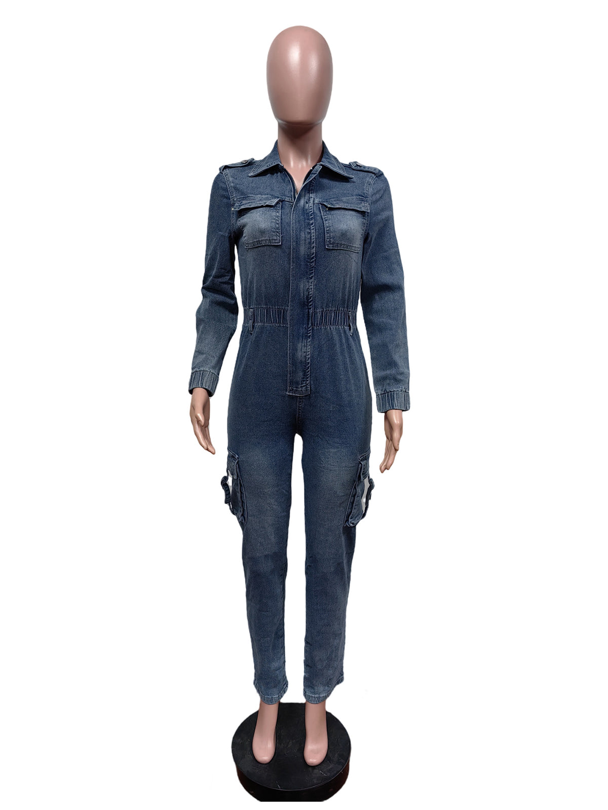 Washed Denim Multi Pocket Cargo Jumpsuits