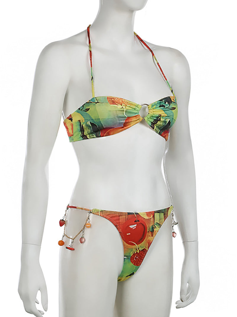 Floral Knot Detail Halter Thong Bikini Swimsuit